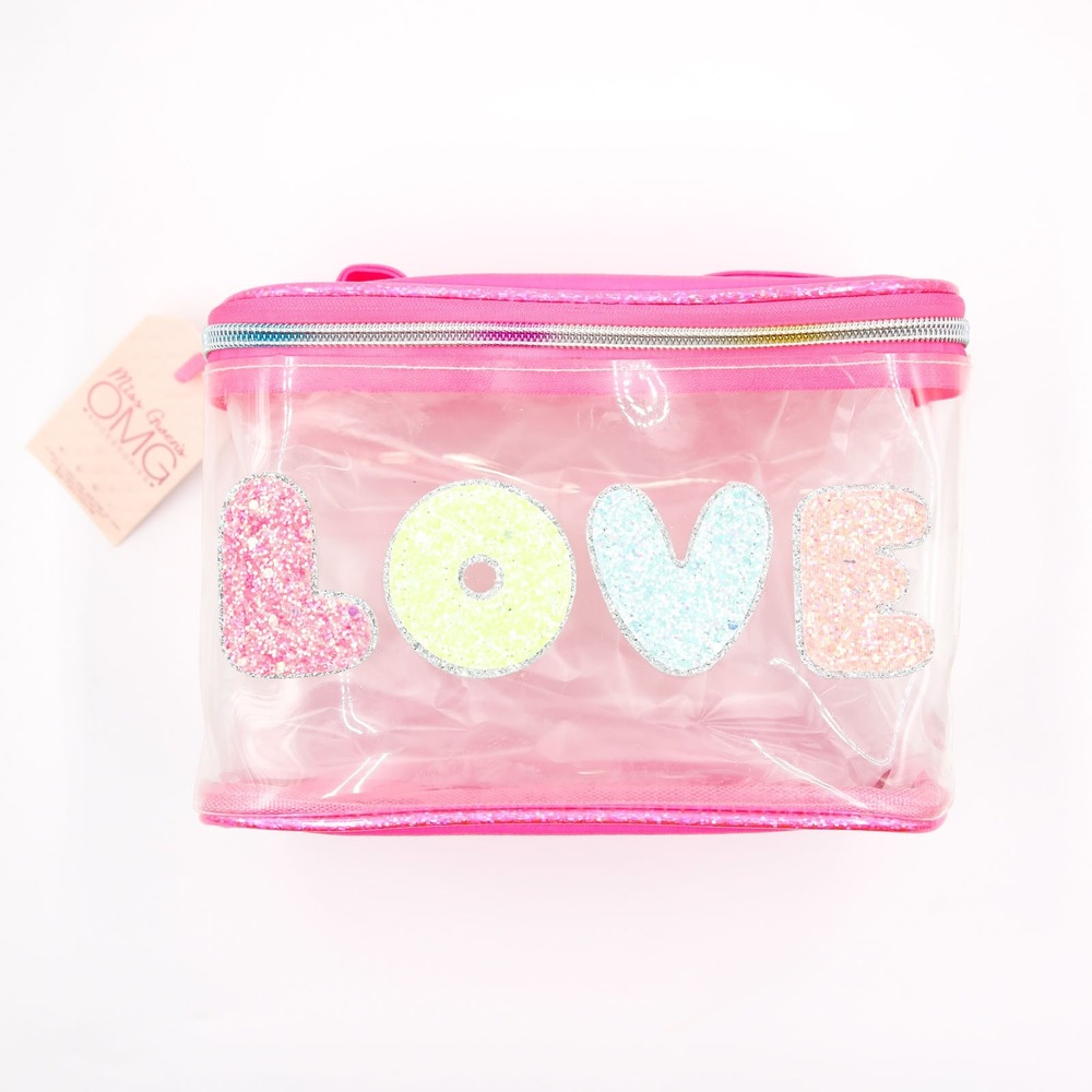 Miss Gwen's OMG - Girl's Love Glitter Clear Top Handle Train Case Bag - Hot Pink